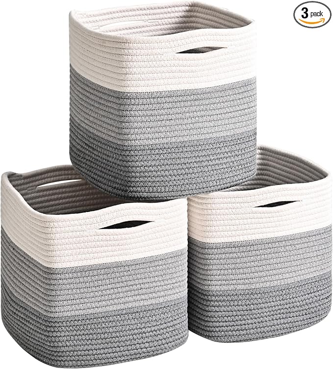 11 Inch Cube Storage Bins, Storage Cube Organizer Bins, Woven Cotton Rope Basket for Storage, Storage Baskets for Organizing Shelves, Grey Baskets for Toys, Gradient Grey (Pack of 3)