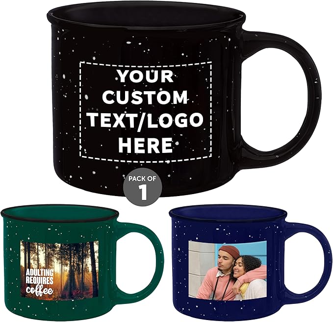 DISCOUNT PROMOS Custom Ceramic Campfire Coffee Mugs 13 oz. Set of 1, Personalized Bulk Pack - Perfect for Tea, Espresso, Cappuccino, Hot Cocoa - Black