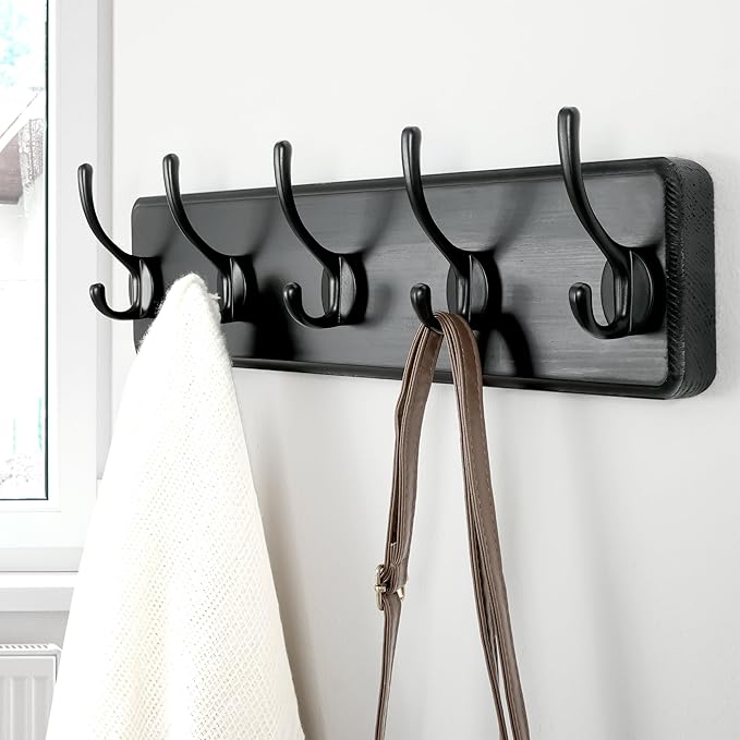 Dseap Wall Mounted Coat Rack: Patented, Heavy-Duty, 17.4" Long 5-Double-Hooks Wooden Hanger Rail for Winter Coats, Hats, Jackets, Clothing - Black, Pack of 2
