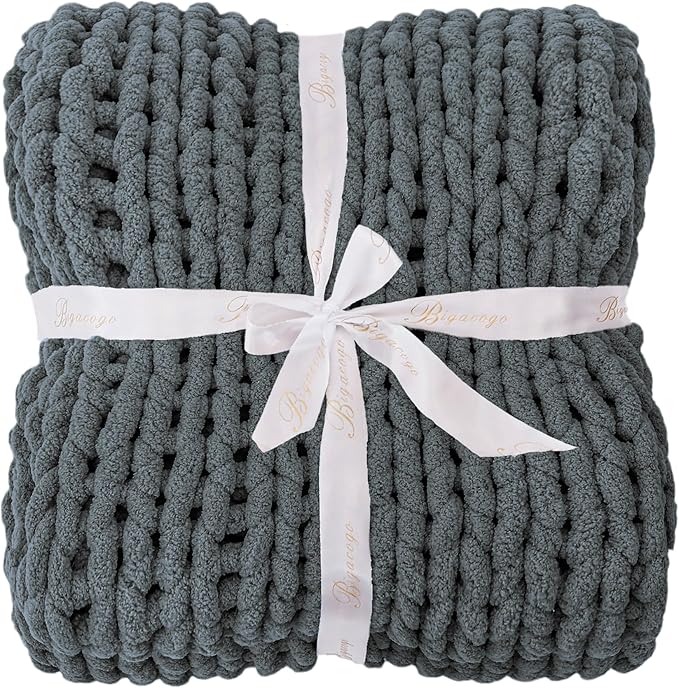 Bigacogo Chunky Knit Throw Blanket for Couch, 80x90 inches, 100% Hand Knitted with Thick Jumbo Chenille Yarn, Cozy Soft Large Rope Knot Cable Crochet Blankets for Sofa Bed Living Room, Iron Gray
