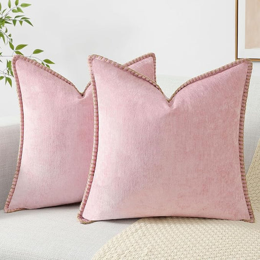 decorUhome Chenille Soft Throw Pillow Covers 26x26 Set of 2, Farmhouse Velvet Neutral Decorative Euro Pillow Covers with Stitched Edge for Couch Sofa Bed Home Decor, Blush Pink