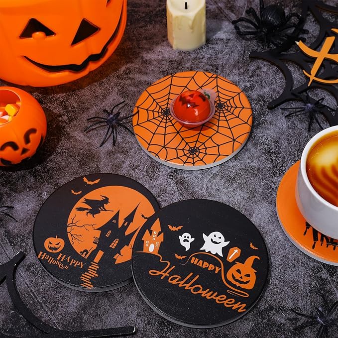 4Pcs Halloween Coasters Orange Black Round Ceramic Coaster Trick or Treat Heat-Resistant Cup Mats for Wooden Table Protection Home Party Supplies