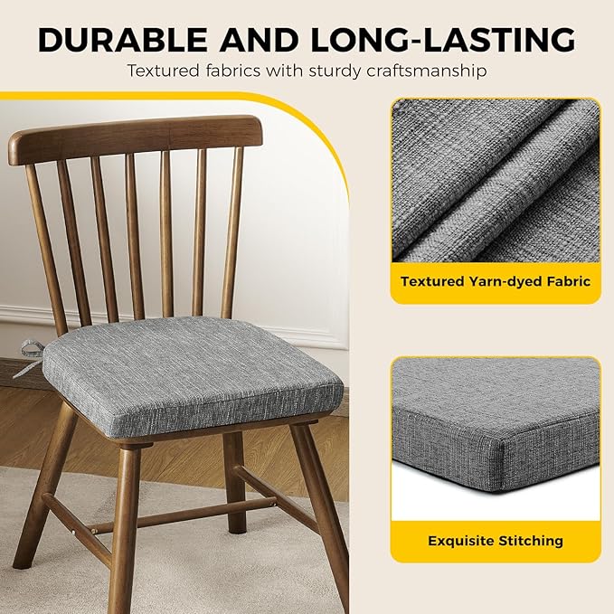 downluxe Indoor Chair Cushions for Dining Chairs, Soft and Comfortable Textured Foam Kitchen Chair Pads with Ties and Non-Slip Backing, 16" x 16" x 2", Dark Grey, 6 Pack