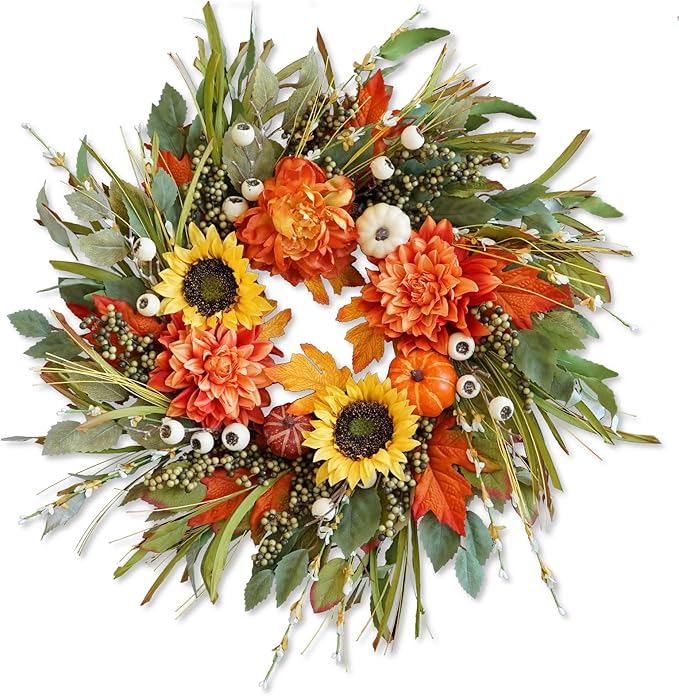 Fall Wreaths for Front Door 24 Inch Fall Wreath with Pumpkins, Sunflowers & Berries – Outdoor Autumn Wreath for Porch, Thanksgiving, Halloween & Harvest Decor