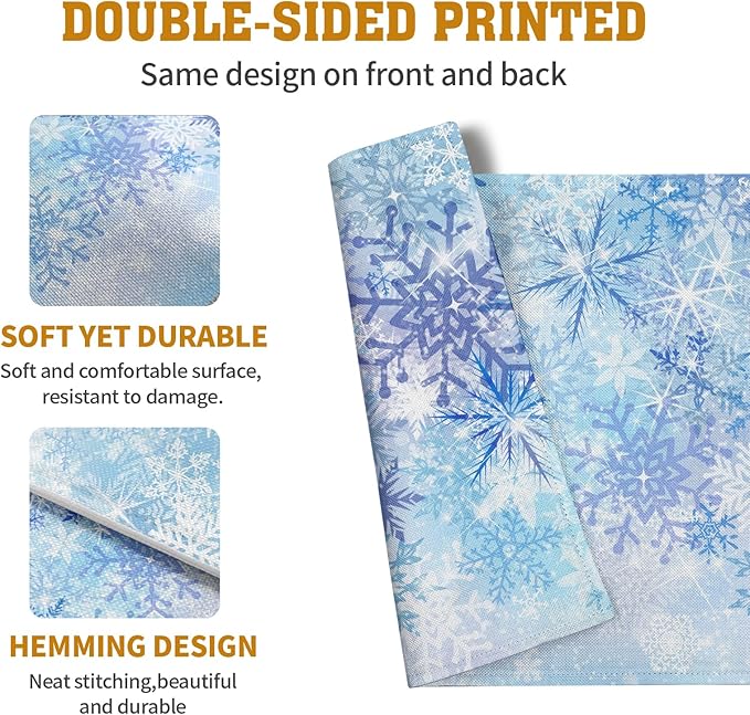 Blue Snowflake Winter Placemats Set of 4 Xmas Snow Place Mat Merry Christmas Linen Fabric Table Mats Washable Heat Resistant Placemat for Farmhouse Kitchen Dining Party Decoration