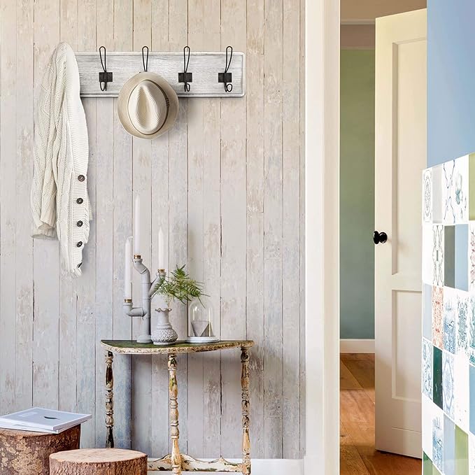 HBCY Creations Rustic Coat Rack - Wall Mounted Whitewash 24" Entryway Coat Hooks - 5 Rustic Hooks, Solid Pine Wood. Perfect Touch for Your Entryway, Kitchen, Bathroom... (Whitewash)