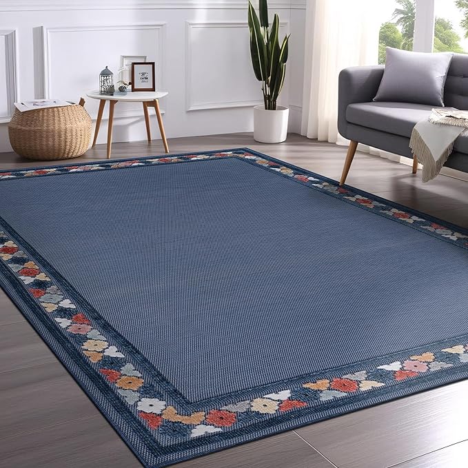 Beverly Rug Outdoor Rug 8x10 Modern Bordered Area Rugs for Indoor and Outdoor Patio Easy to Clean Non Shedding Living Room Porch Garden Washable Outside Carpet (8 x 10 Blue)
