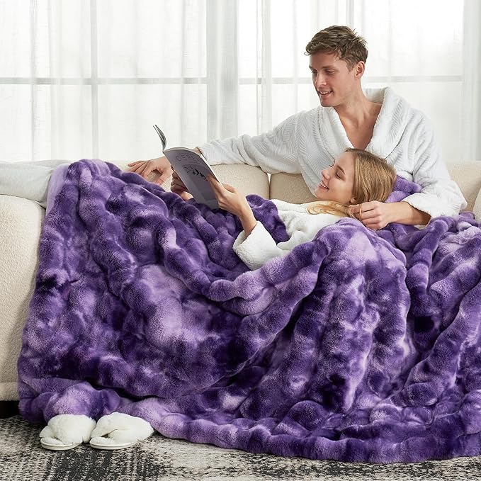 Cozy Bliss Faux Fur Throw Blanket for Couch, Fuzzy Soft Plush Thick Bubble Blanket for Sofa Bedroom Living Room, 50 * 60 Inches Tie-dye Purple