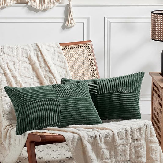 Fancy Homi Set of 2 Dark Green Lumbar Decorative Throw Pillow Covers 12x20 Inch for Living Room Couch Bed, Boho Farmhouse Forest Green Home Decor, Soft Corduroy Corss Patchwork Cushion Case