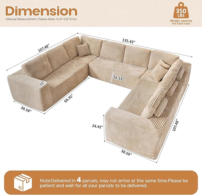 Cloud Sectional Couches for Living Room,U Shaped Modular Sofas No Assembly,135x107 Inches Plush Corduroy Oversized Floor Couch Set with Deep Seat Chaise,Beige