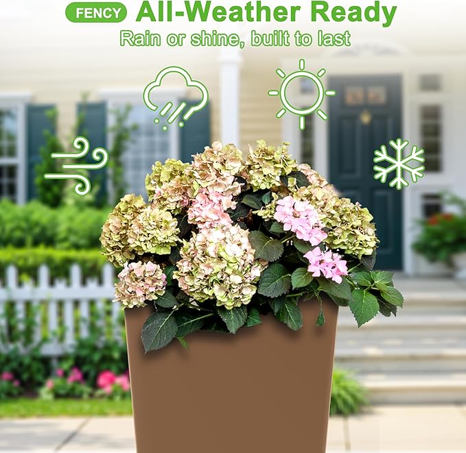 FENCY Set of 2 Tall Planters for Outdoor Plants, 24 Inch Large Tapered Pots with Drainage Trays, Weather-Resistant Plastic Plant Containers for Patio, Porch, Garden, Front Door Decor,Brown