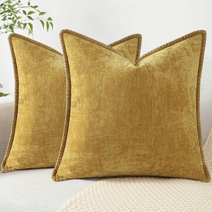 decorUhome Chenille Soft Throw Pillow Covers 18x18 Set of 2, Farmhouse Velvet Neutral Decorative Euro Pillow Covers with Stitched Edge for Couch Sofa Bed Home Decor, Mineral Yellow