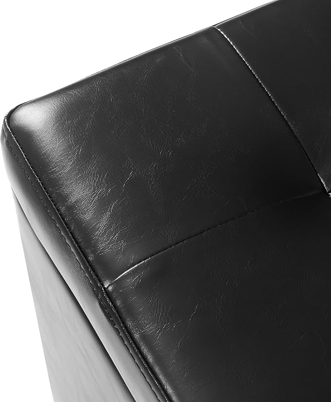 Adeco Faux Leather Storage Ottoman Bench with Solid Wood Legs, 17.7" Square Black PU Cube Foot Stool, Upholstered Button Tufted Vanity Chair with Hinged Lid for Living Room, Bedroom, Dorm