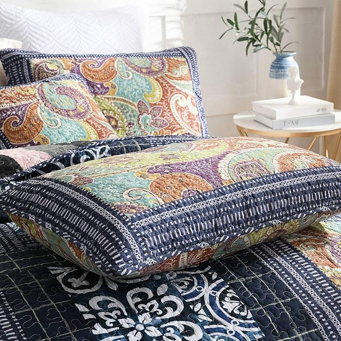 NEWLAKE Cotton Patchwork Bedspread, 3-Piece Bedding Quilt Set with Real Stitched Embroidery, Reversible Matelasse Bed Coverlet Set,Vintage Flowery Grid,Queen Size