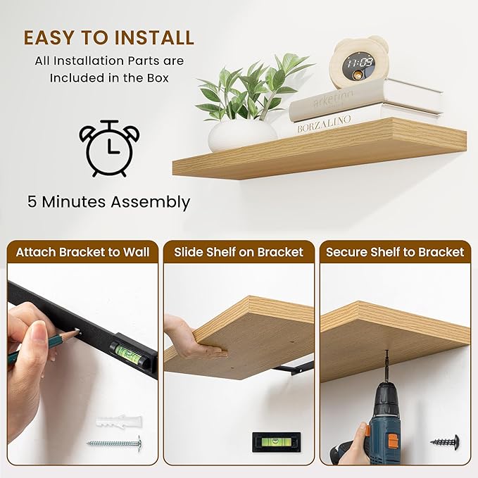 Fun Memories 24 Inch Floating Shelves for Wall, 9 Inch Deep Oak Rustic Wood Wall Mounted Shelves for Bathroom, Kitchen, Living Room, Set of 2