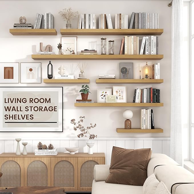 Floating Shelves for Wall, 2 Large Wall Mounted Shelves with Invisible Brackets, Long Wood Floating Wall Shelf Shelves for Living Room, Bedroom, Kitchen, (Oak, 36" W x 9" D x 1.5" H)