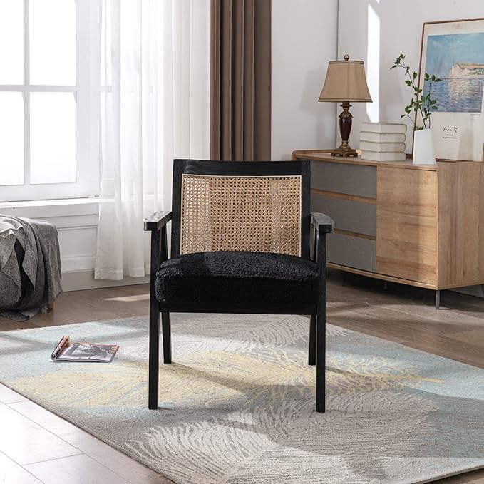 Accent Rattan Chair, Faux Fur Upholstered Living Room Chairs with Cane Back, Retro Mid Century Modern Cane Chair Armchair for Reception Reading Indoor Outdoor, Black
