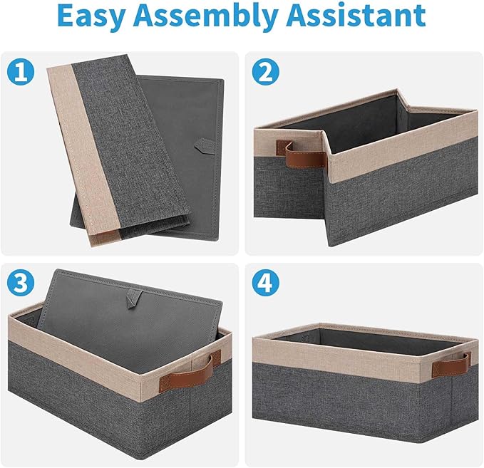 GhvyenntteS Small Fabric Storage Bins 6 Pack, 11.8" x 7.87" x 5.11" Storage Basket with Leather Handles, Closet Storage Bins for Shelves, Storage Baskets for Shelves, DVD Storage (Grey/Beige Yellow)