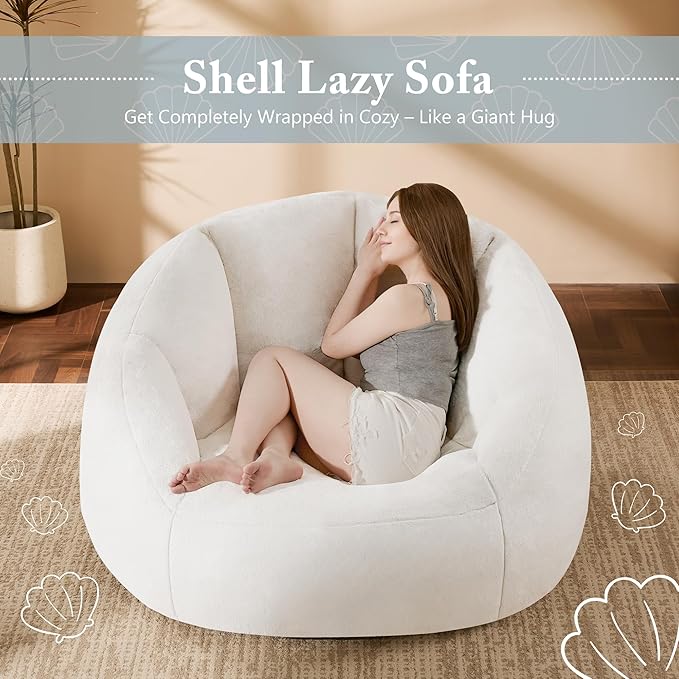 Giant Bean Bag Swivel Chair for Adults - Comfy Plush Round Shell Soft Accent Chair, Oversized Cozy Floor Sofa for Living Room, Bedroom & Game Rooms, Beige