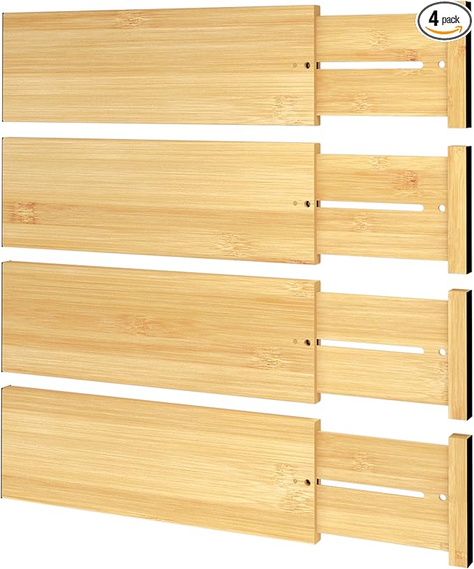 BAMEOS 4 PCS Bamboo Drawer Divider Adjustable Drawer Dividers Kitchen Drawer Organization Utensil Organizers for Kitchen Dresser Bathroom Bedroom and Office