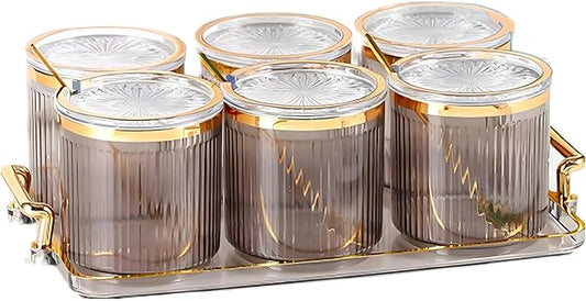 Acrylic Condiment Spice Jars,Condiment Spice Box With Lids and Spoons and Tray,Clear Plastic Condiment Canisters,Seasoning Box 6 Pack,Seasoning Box Set for Kitchen to Storage Salt,Paprika,Sugar