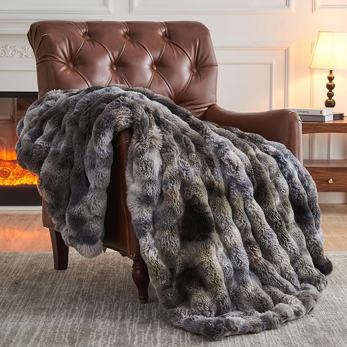 NEWCOSPLAY Faux Fur Throw Blanket Tie-dye Grey Luxury Fluffy Thick Warm Bubble Blanket for Couch Sofa Bed 700GSM (Tie-dye Grey, Throw(50"x60"))