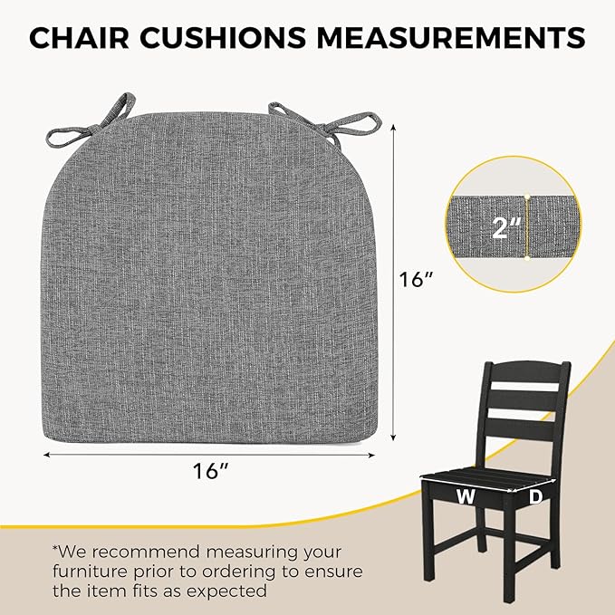 downluxe Indoor Chair Cushions for Dining Chairs, Soft and Comfortable Textured Foam Kitchen Chair Pads with Ties and Non-Slip Backing, 16" x 16" x 2", Dark Grey, 6 Pack