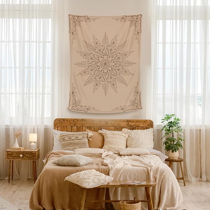 Damanse Floral Tapestry Wall Hanging Cute,Boho Wall Tapestry for Bedroom Aesthetic,Mandala Living Room Decor for Teen Girls (Flaxen, 34.80" x 47.20")