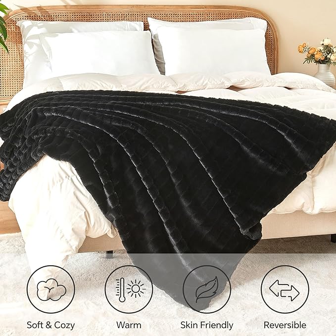 BEDELITE Faux Fur Throw Blanket for Couch, Soft and Cozy 3D Ribbed Fluffy Blanket, Thick Warm Plush Fuzzy Faux Rabbit Fur Blanket for Women Gift (Black, 60"x 80")
