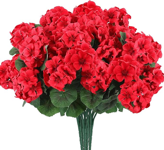 Hananona 6 Bundles Artificial Geranium Flowers for Outdoors Silk Geranium Flowers Outdoor UV Resistant Garden Plants Faux Flower for Home Kitchen Table Centerpieces Decor (6, Red)