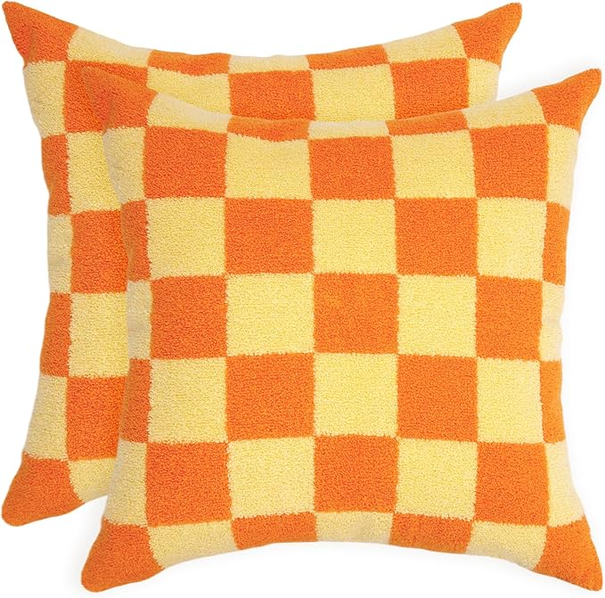 Alysheer Checkered Embroidered Decorative Throw Pillow Covers 18"x 18" Set of 2, Farmhouse Boho Orange Yellow Plaid Tufted Patterned Cotton Canvas Cushion Case for Sofa Couch Bed Living Room Outdoor
