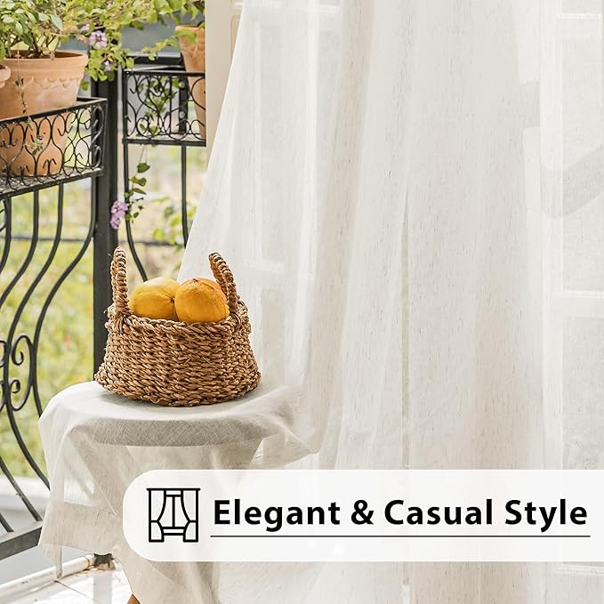 FMFUNCTEX Linen Sheer Curtains for Living Room, Beige Curtains 90 inches Long for Bedroom, Natural Flax Blend Window Draperies for Farmhouse Curtain, Rod Pocket 2 Panels