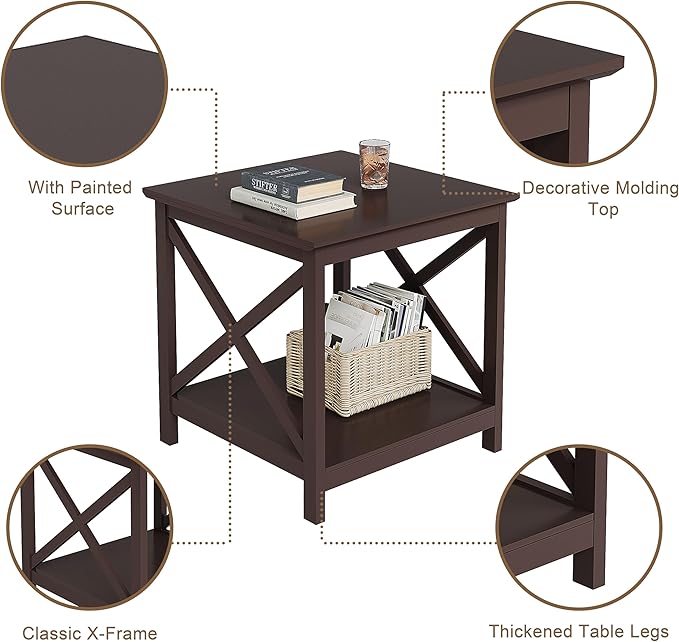 ChooChoo End Table, 24 Inch End Table with 2-Tier Storage Shelf, Side Table for Living Room, Wood Nightstand for Bedroom, Office, Painted Surface, Espresso