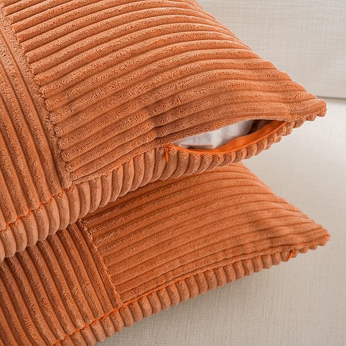 Fancy Homi 2 Packs Orange Long Lumbar Decorative Throw Pillow Covers 12x24 Inch for Couch Bed Sofa, Rustic Farmhouse Boho Home Decor, Soft Striped Corduroy Rectangle Accent Cushion Case 30x60 cm
