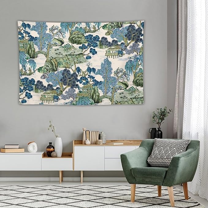 Chinoiserie Tapestry, Asian Watercolor Abstract Art, Japanese Wall Tapestry, Nature Landscape Tapestries for Bedroom, Living Room Decor 90"x60"