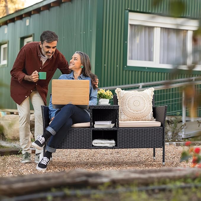 Flamaker Outdoor Furniture Patio Loveseat Wicker 2-Seat with Built-in Table and Cushions Rattan Porch Chairs Bench for Balcony, Lawn, Backyard (Beige)