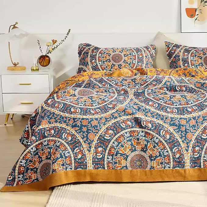 Boho Muslin Blanket for Adults 4-Layer Gauze Twin Size Soft Cozy 100% Cotton Summer Cooling Blanket Wheel Floral Decor for Sofa Bed Coverlet Both Sides (A Luck Wheel, Twin 60 x 80 in)