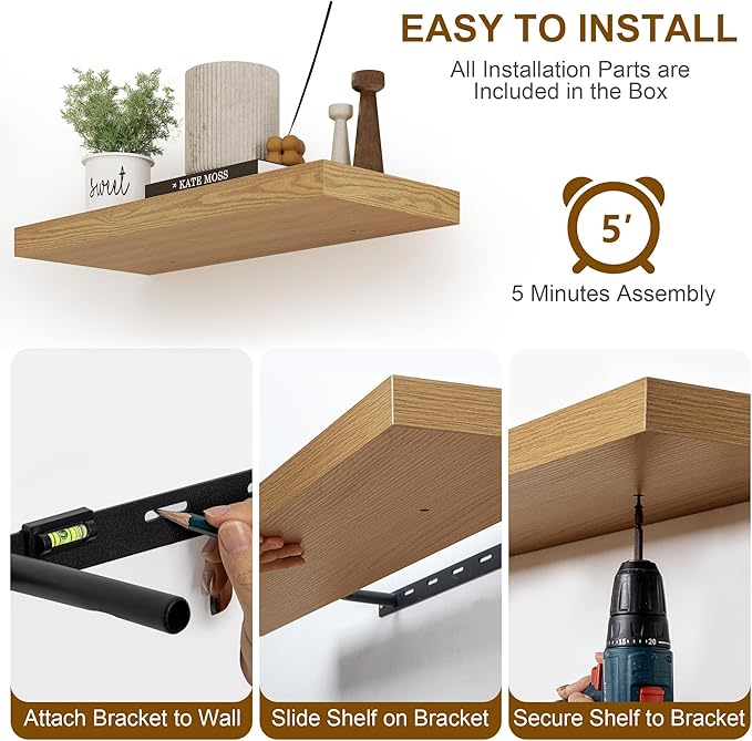 Fun Memories Floating Shelves for Wall, 8 Inch Deep Floating Wall Shelf, 16" x 8" Floating Shelves - Set of 2, Rustic Wooden Storage Shelves for Bathroom, Living Room, Kitchen