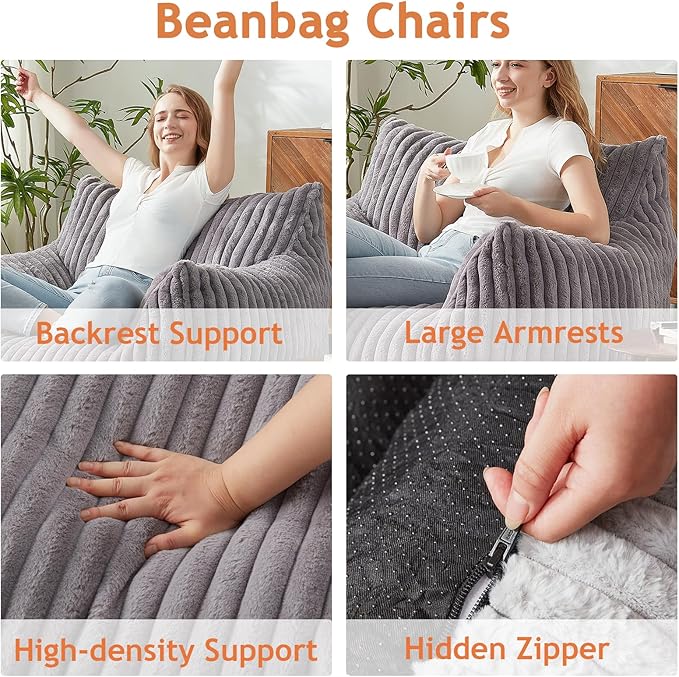 Giant Bean Bag Chairs for Adults with Filling Plush Fluffy Bean Bag Chairs for Teens with Armrests Comfy BeanBag Lazy Couch Sofa Chair for Bedroom Living Room Reading