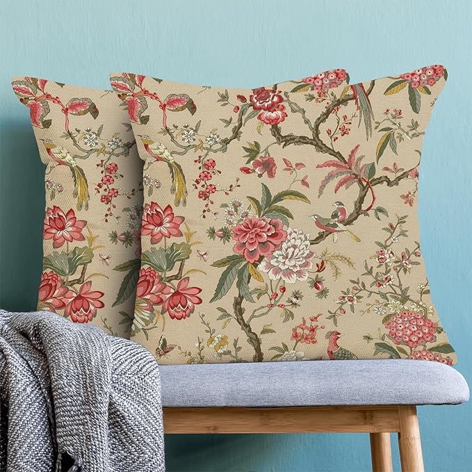 CXMEIFLY Spring Floral Birds Pillow Covers 18 x 18 Inch Set of 2 for Chinoiserie Flowers Decor Throw Pillows Pink Red Plant Outdoor Decorative Cushion Cases for Couch Bed Decorations