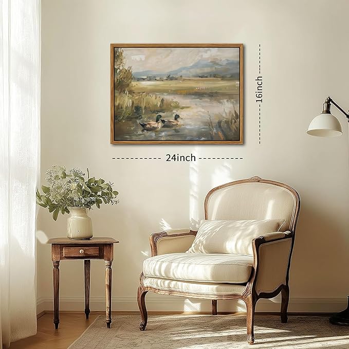 Floating Framed Canvas Wall Art, Vintage Mallard Duck Oil Paintings Print, Countryside Art Wildlife Nature Pond Wall Decor for Living Room, Bedroom, Office, Rustic Decor 16x24 inch