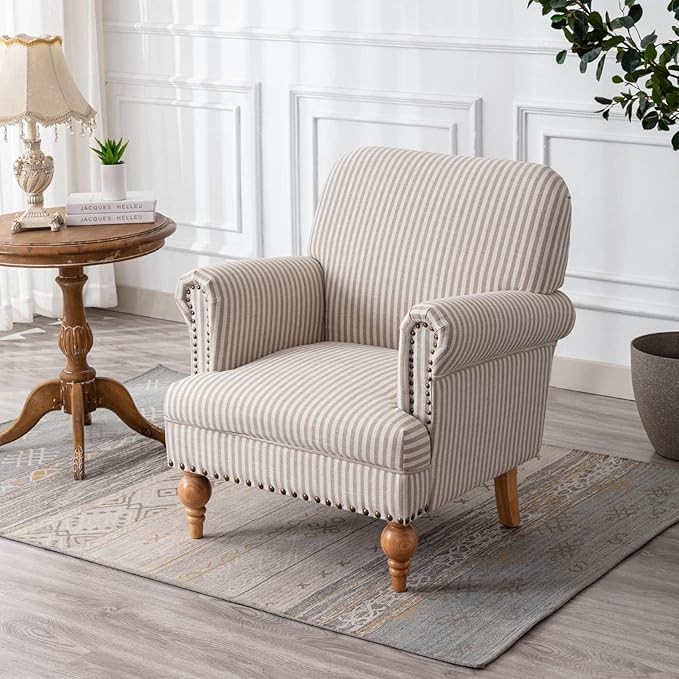 chairus Linen Accent Chair for Living Room Upholstered Mid Century Modern Single Sofa Chair with Solid Wood Legs Comfy Reading Chair Armchair for Bedroom/Office Room/Recption/Lounge, Khaki Stripe