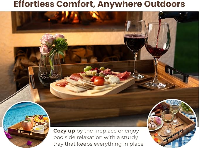 Acacia Wooden Ottoman Tray for Living Room – 21" Large Coffee Table Serving Tray with Handles & 6 Coasters Set, Perfect for Food, Drinks, Kitchen, and Home Decor