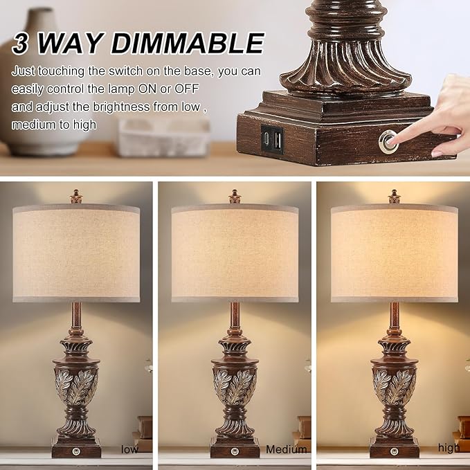Farmhouse 3-Way Dimmable Touch Table Lamp Set of 2 for Bedroom Living Room with USB A+C Charging Ports 27.75" Tall Rustic Traditional Nightstand Bedside Lamps Brown End Table Lamp (2 Bulbs Included)
