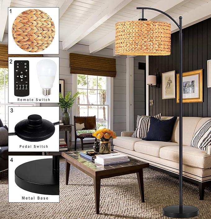 Floor Lamp for Living Room Bedroom Farmhouse Arc Rattan Boho Standing Lamp with Remote Dimmable Black Wicker Bamboo Lamp Shade Floor Light Adjustable Tall Lamp Industrial Floor Lamps Bohemian