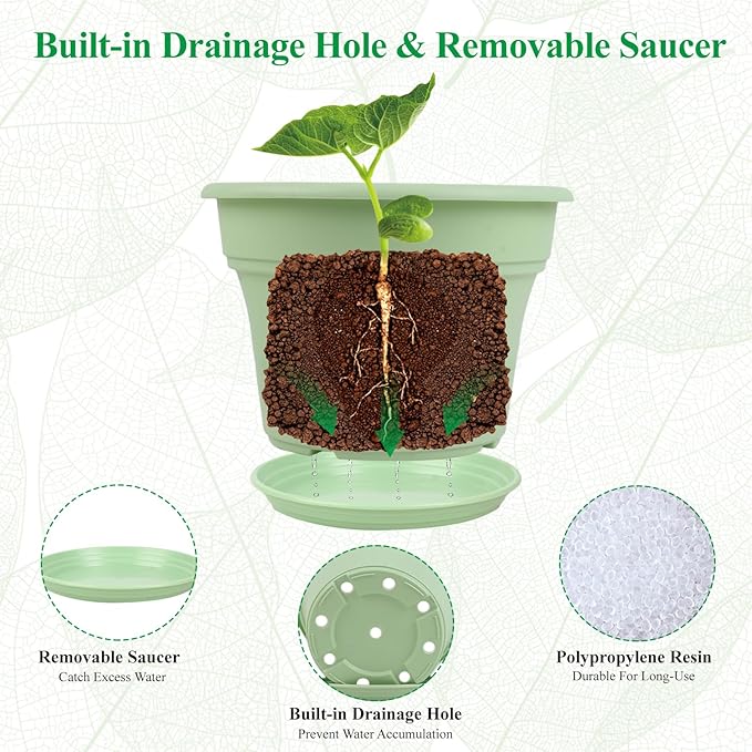 16 inch Plastic-Flower-Pot-for-Indoor-Plants, 4 Pack Large Outdoor Planter Pot with Drainage Holes & Saucers, Resin Decorative Garden Pots Planters