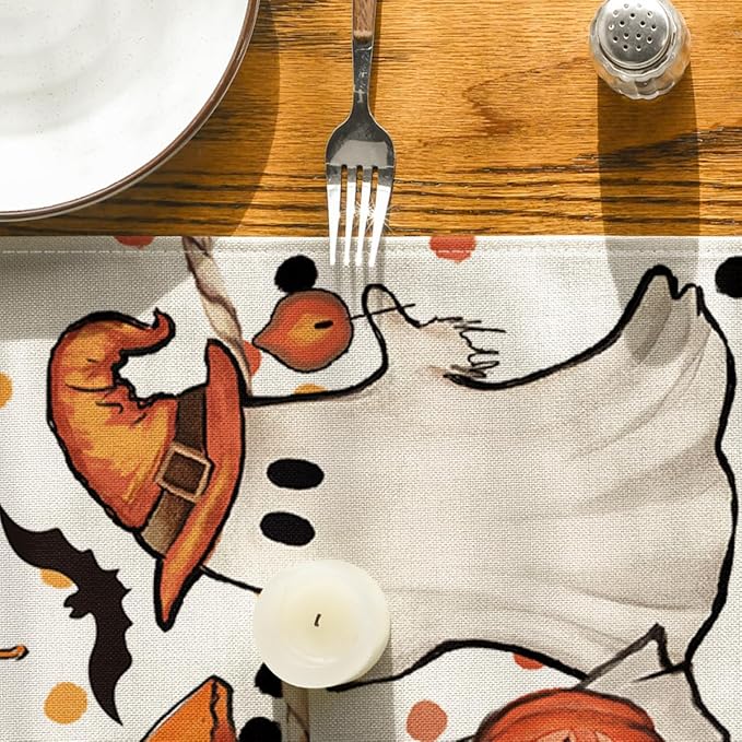 Artoid Mode Beige Ghost Jack-O'-Lantern Black Cat Halloween Table Runner,Holiday Kitchen Dining Table Decoration for Home Party Decor 13 x 36 Inch