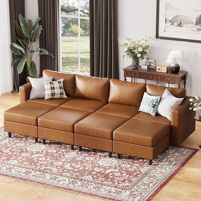 118.5" Luxury Modular Sleeper Sofa Bed with Storage Seat, 8 Seat Sectional Couch Deep Seat with Reversible Chaises & Removable Cover - Brown Faux Leather