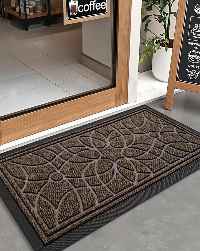 DEXI Front Door Mat Outside Entrance, Heavy Duty Non Slip Low Profile Doormat for Entryway, Trap Dirt and Moisture Welcome Mats, Easy Clean, Patio, Garage, 4x2, Brown