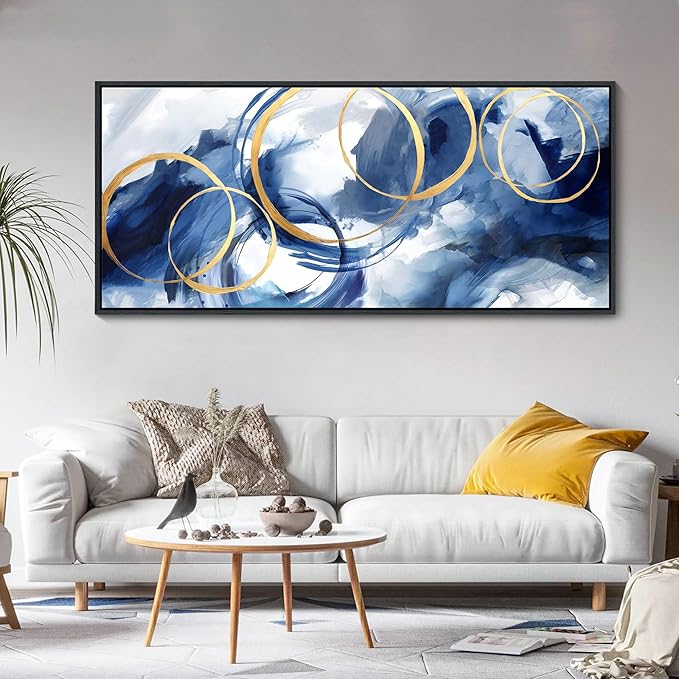 AJAZIKO Blue Abstract Canvas Wall Art Modern Wall Decor Artwork for Walls Living Room Large Painting Office Pictures for Wall Navy Gold Contempor Decorations for Bedroom